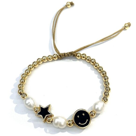 Gold Beaded Black Enamel Happy Face Bracelet - Picture 2 of 3